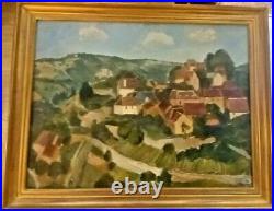 Grande huile sur toile signée paysage et village oil painting 20ème signed
