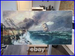 Grande marine en tempête Gaston Peitrequin huile sur toile 80 x 40 cm