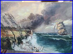 Grande marine en tempête Gaston Peitrequin huile sur toile 80 x 40 cm