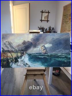 Grande marine en tempête Gaston Peitrequin huile sur toile 80 x 40 cm