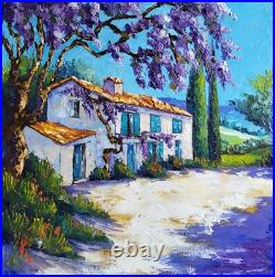 Grande toile peinte par Nolac 50X50 cm Mas aux glycines au couteau