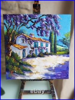 Grande toile peinte par Nolac 50X50 cm Mas aux glycines au couteau