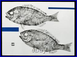 Gyotaku original signé, Empreinte de dorades et formes, prêt à être accroché