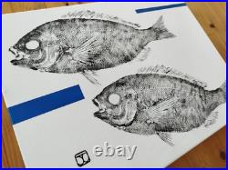 Gyotaku original signé, Empreinte de dorades et formes, prêt à être accroché
