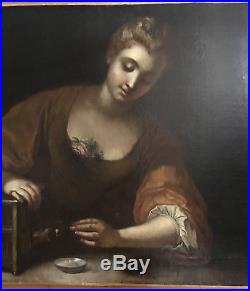 HST peinture française XVIIIème 18ème femme à la cage ölgemälde huile baroque