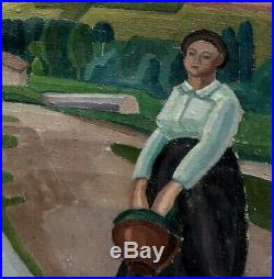 Henry Ramey 1890-1978. Grand & Beau Paysage Cubiste Du Tarn. Femme A La Cruche