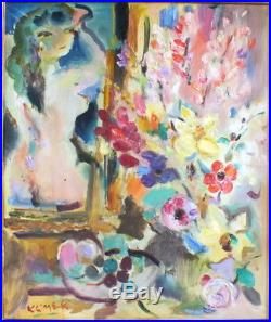 Hst huile sur toile de Klimek femme au bouquet peinture tableau painting