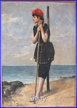 Hst huile sur toile peinture de Paul Sébilleau 1903 femme en costume de bain