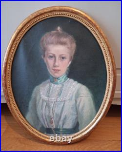 Huile Sur Toile 1900 Portrait jeune Femme ovale Signée CONELY école américaine