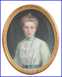 Huile Sur Toile 1900 Portrait jeune Femme ovale Signée CONELY école américaine
