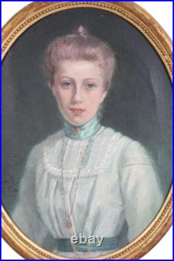 Huile Sur Toile 1900 Portrait jeune Femme ovale Signée CONELY école américaine