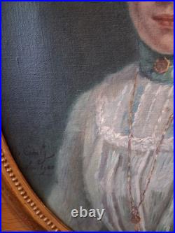 Huile Sur Toile 1900 Portrait jeune Femme ovale Signée CONELY école américaine