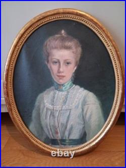 Huile Sur Toile 1900 Portrait jeune Femme ovale Signée CONELY école américaine