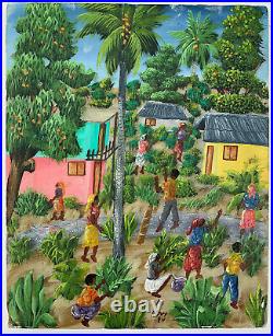 Huile Sur Toile M Henry Paysage Naif Haiti 1994 Scene Animee G6407
