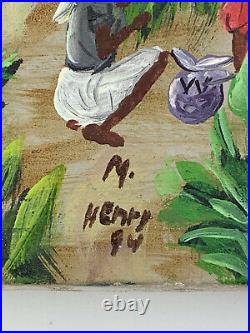 Huile Sur Toile M Henry Paysage Naif Haiti 1994 Scene Animee G6407