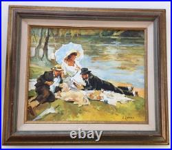 Huile Sur Toile Signée Pique Nique Au Bord De L'eau 41x33cm Style Art-Déco