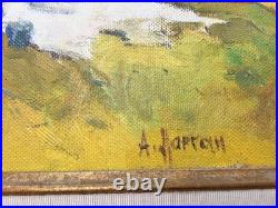 Huile Sur Toile Signée Pique Nique Au Bord De L'eau 41x33cm Style Art-Déco