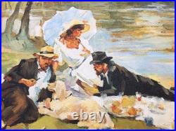 Huile Sur Toile Signée Pique Nique Au Bord De L'eau 41x33cm Style Art-Déco