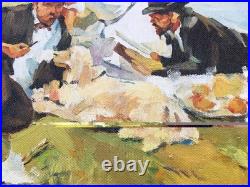 Huile Sur Toile Signée Pique Nique Au Bord De L'eau 41x33cm Style Art-Déco