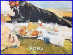 Huile Sur Toile Signée Pique Nique Au Bord De L'eau 41x33cm Style Art-Déco