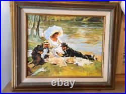 Huile Sur Toile Signée Pique Nique Au Bord De L'eau 41x33cm Style Art-Déco