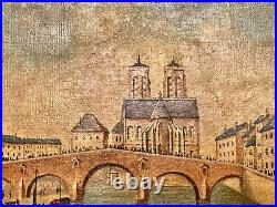 Huile sur Toile Cathédrale Notre Dame Paris Pont Quais Personnages Bateaux 19ème