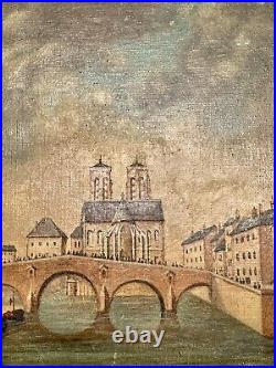 Huile sur Toile Cathédrale Notre Dame Paris Pont Quais Personnages Bateaux 19ème