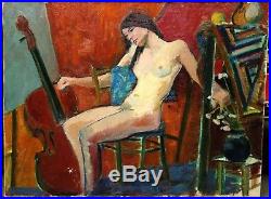 Huile sur Toile vers 1950 Femme Nue au Violoncelle Bon Etat 46 x 61 cm