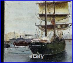 Huile sur toile 22x12 cm voilier deux mâts signée 1907 Marine port mer bateau