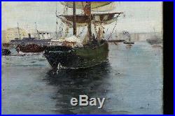 Huile sur toile 22x12 cm voilier deux mâts signée 1907 Marine port mer bateau