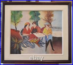 Huile sur toile, Ecole Française du XXe, élégantes sur la terrasse, signée SEURIN