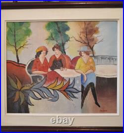 Huile sur toile, Ecole Française du XXe, élégantes sur la terrasse, signée SEURIN