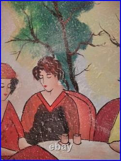 Huile sur toile, Ecole Française du XXe, élégantes sur la terrasse, signée SEURIN