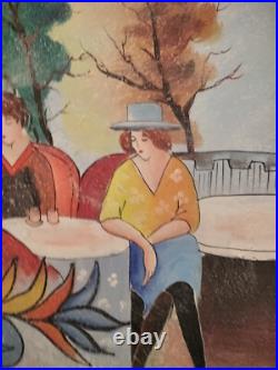 Huile sur toile, Ecole Française du XXe, élégantes sur la terrasse, signée SEURIN