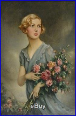 Huile sur toile Jules Cayron 95x63 cm (1868-1944) élégante au bouquet 1934