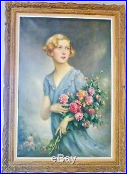 Huile sur toile Jules Cayron 95x63 cm (1868-1944) élégante au bouquet 1934