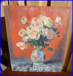 Huile sur toile Pascal de Beucker Roses dans un vase nature morte