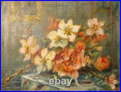 Huile sur toile ancienne Bouquet de fleurs attribué à Edmond Staiger XIXe