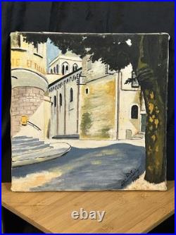 Huile sur toile ancienne datée 1946 Scène architecturale 29 × 29 cm