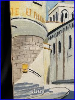 Huile sur toile ancienne datée 1946 Scène architecturale 29 × 29 cm