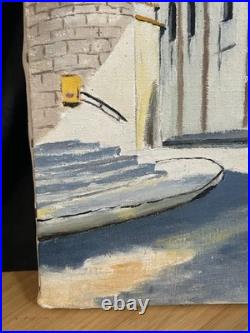 Huile sur toile ancienne datée 1946 Scène architecturale 29 × 29 cm