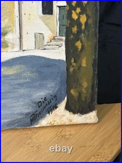 Huile sur toile ancienne datée 1946 Scène architecturale 29 × 29 cm