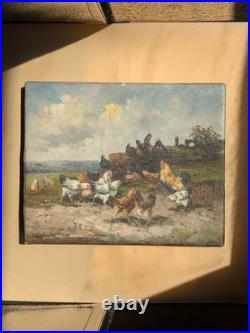 Huile sur toile ancienne scène de basse-cour poules et coq peinture campagne