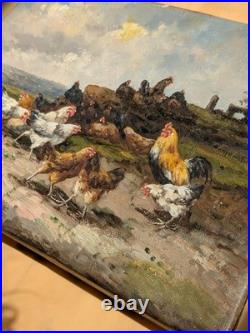 Huile sur toile ancienne scène de basse-cour poules et coq peinture campagne