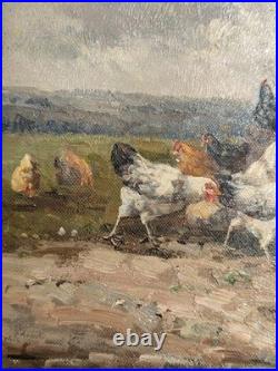Huile sur toile ancienne scène de basse-cour poules et coq peinture campagne