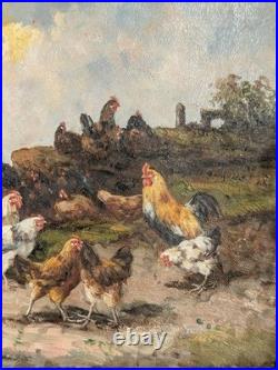 Huile sur toile ancienne scène de basse-cour poules et coq peinture campagne