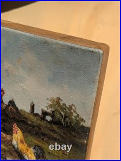 Huile sur toile ancienne scène de basse-cour poules et coq peinture campagne