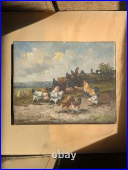 Huile sur toile ancienne scène de basse-cour poules et coq peinture campagne