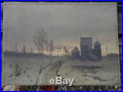 Huile sur toile clair obscur paysage enneigé grand nord Russie peinture painting