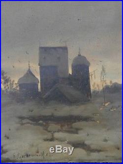 Huile sur toile clair obscur paysage enneigé grand nord Russie peinture painting